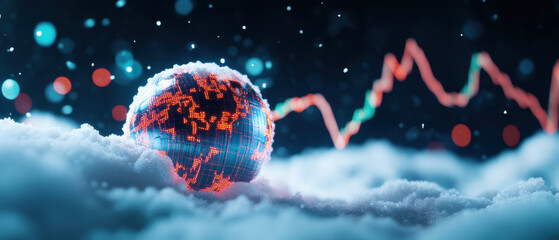 snowball made of stock market charts and graphs in snowy landscape