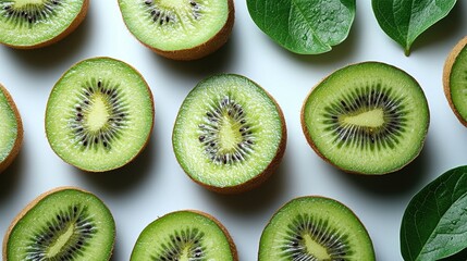 Fototapeta premium A row of thinly sliced green kiwifruit,