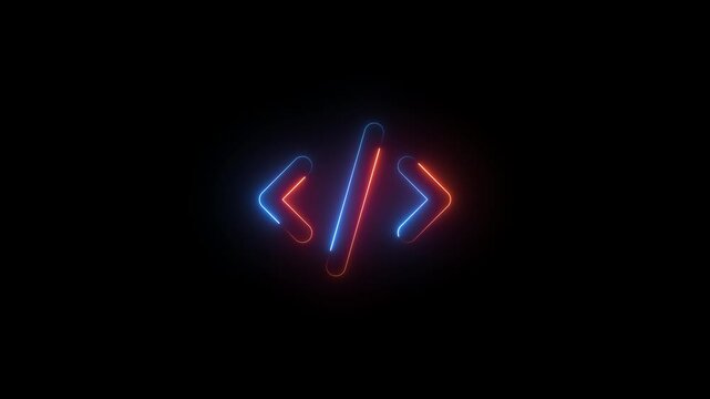 code symbol icon animation neon glow on black background