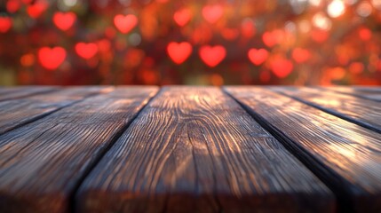 Dark Brown Wooden Table with Blurred Red Hearts Background