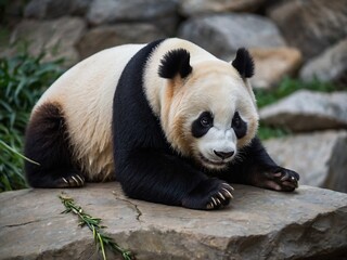 Fototapeta premium Cute Giant Panda Sitting in Natural Habitat Surrounded by Bamboo Wildlife Photography