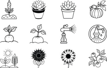 Gardening icons plants, flowers, vegetables, succulents, watering