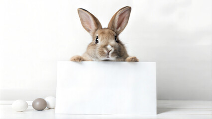 Obraz premium Brown rabbit peeking over a blank white sign with ears up in a playful pose