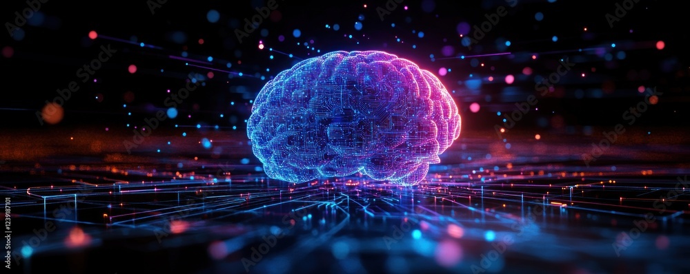 Poster glowing brain circuitry abstract futuristic digital art hologram technology