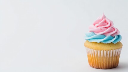 A detailed view of a cupcake with colorful frosting on a white background, vibrant and cheerful dessert composition