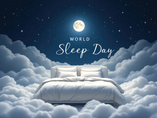 Dreamy bed in the clouds celebrating world sleep day under a starry sky