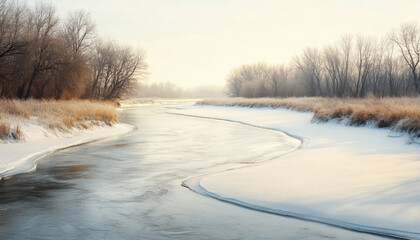 Fototapeta premium tranquil scene of frozen river winding through snowy landscape