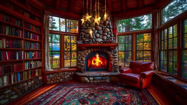 Rustic library with fireplace and red armchair surrounded by large windows. Seamless looping time-lapse animation video background  
