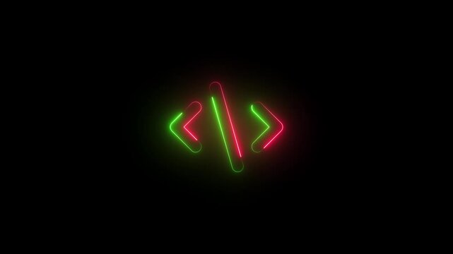 code symbol icon animation neon glow green and red color on black background
