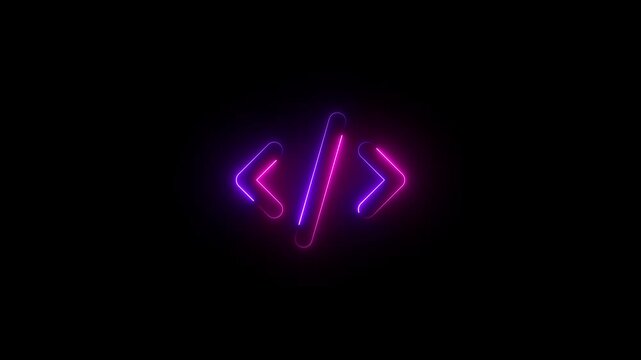 code symbol icon animation neon glow pink and purple color on black background