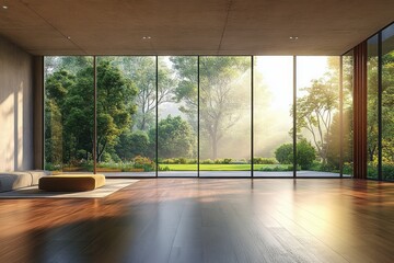 Empty Modern Loft Room with Large Windows View of Nature and Sunlight