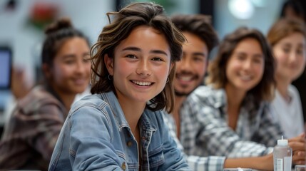Obraz premium Portrait of a young businesswoman smiling confidently during a team meeting in the office, embodying collaboration and positive energy