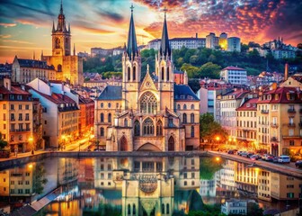 Fototapeta premium Saint Georges Church and District in Lyon, France: A Historic Tapestry of Architecture and Culture