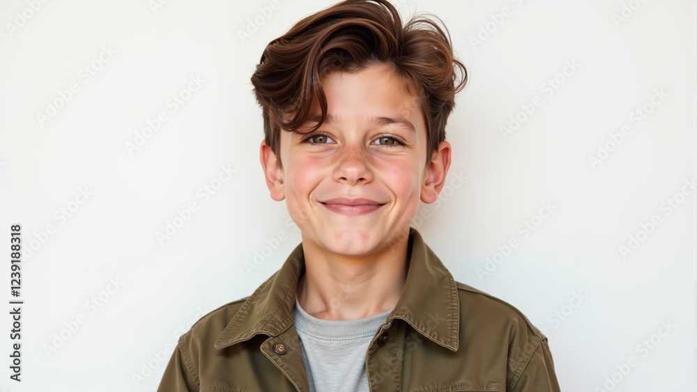 Wall mural smiling boy in casual attire captures joy and innocence against a simple background