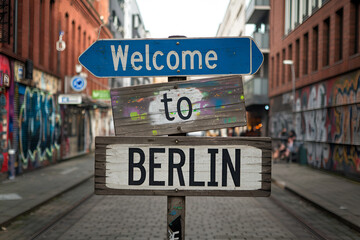 Welcome to Berlin – Wooden Road Sign, Germany