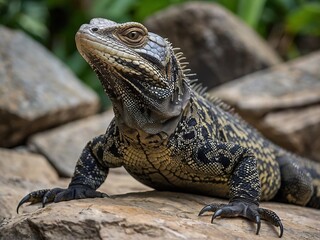 Fototapeta premium Vibrant Close-up of a Monitor Lizard in Its Rocky Habitat Showcasing Textured Skin and Wildlife Diversity