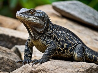 Fototapeta premium Vibrant Close-Up of a Monitor Lizard in its Natural Habitat Among Rocky Terrain