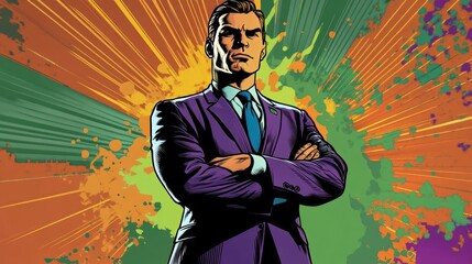 Fototapeta premium Confident Businessman in Purple Suit, Comic Book Style Illustration