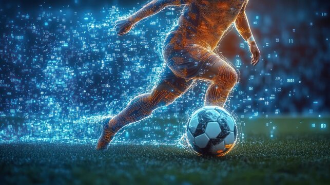 Soccer Player in Motion with Digital Effects on Futuristic Football Field