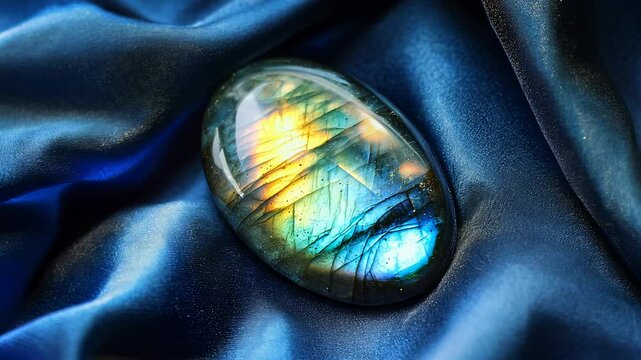 Close up shot of a polished labradorite gemstone on rich blue satin. The stone displays vibrant iridescent blues, greens, and yellows