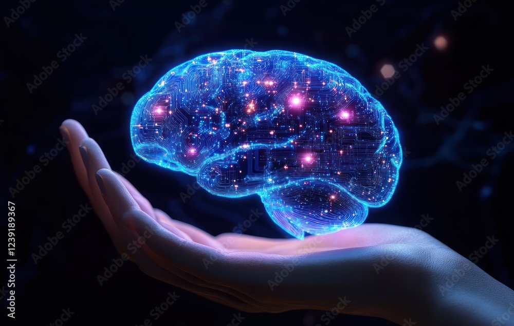 Aufkleber futuristic hand holding a glowing neural network brain with artificial intelligence chip in cyberpun