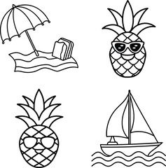 Summer Vacation Icons Beach Umbrella, Pineapple, Sunglasses, Sailboat
