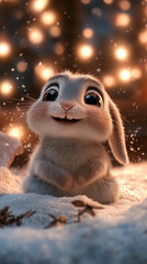  Cartoon rabbit smiling in snow on background of fairy light Easter festive concept.