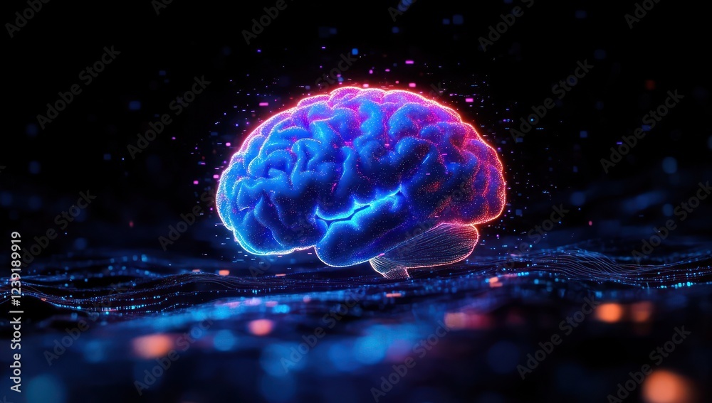 Aufkleber futuristic digital brain hologram with neon lights in dark background for ai technology