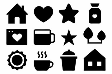 set of house icons, Christmas tree icons, white profile tree icons,  cup icon, car icon , coffee icon, cupe icon, vector silhouette illustration 