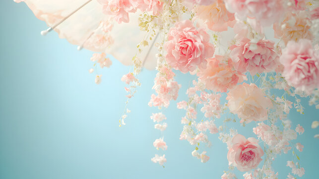 un fondo azul claro liso con espacio de copia con un paraguas con flores decorativas en colores pastel en tonos claros dise&ntilde;o romantico 