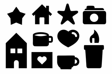 set of house icons, Christmas tree icons, white profile tree icons,  cup icon, car icon , coffee icon, cupe icon, vector silhouette illustration 