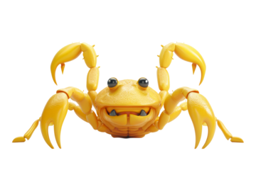 Cheerful yellow cartoon crab with big eyes and claws raising its arms in a friendly wave