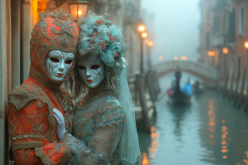  Photo d'une soir&eacute;e brumeuse &agrave; Venise pendant le carnaval, avec des figures masqu&eacute;es myst&eacute;rieuses en costumes baroques, gens, personnes, costumes v&eacute;nitiens, mascarade, traditionnel