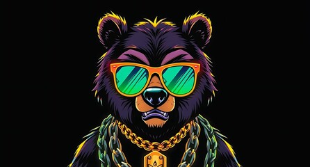 Fototapeta premium bear wearing sun glasses and gold chain with black background 