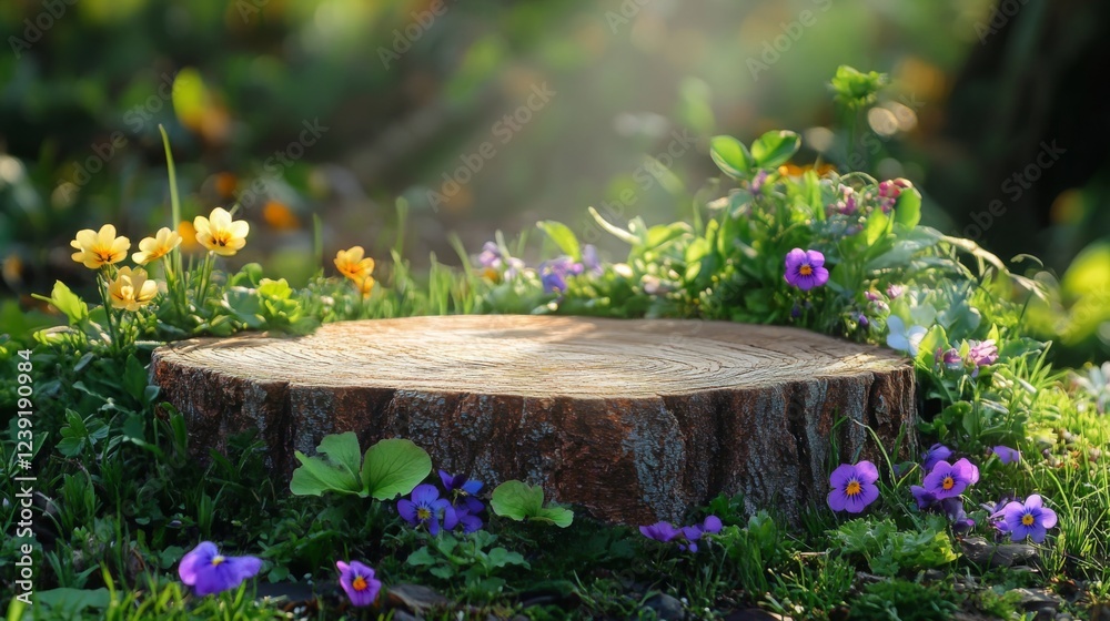 Aufkleber a natural podium made of a tree stump is adorned with colorful spring flowers and lush greenery. sun