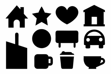 set of house icons, Christmas tree icons, white profile tree icons,  cup icon, car icon , coffee icon, cupe icon, vector silhouette illustration 