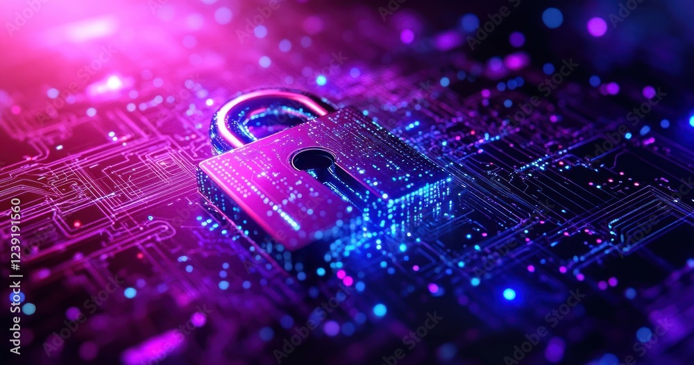 Poster Cybersecurity Digital Lock Cyberpunk Technology Concept for Data Protection and Privacy in the Online World