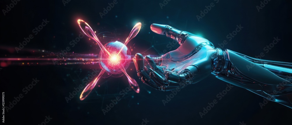 Poster Robotic Hand Touching Glowing Atom Cyberpunk Technology AI Machine Learning Data Science Connection Evolution