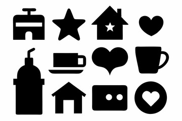 set of house icons, Christmas tree icons, white profile tree icons,  cup icon, car icon , coffee icon, cupe icon, vector silhouette illustration 