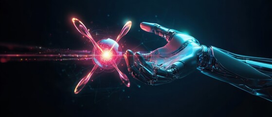 Robotic Hand Touching Glowing Atom Cyberpunk Technology AI Machine Learning Data Science Connection Evolution