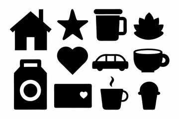 set of house icons, Christmas tree icons, white profile tree icons,  cup icon, car icon , coffee icon, cupe icon, vector silhouette illustration 