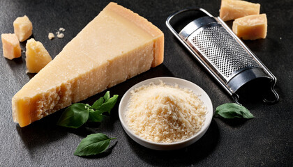 sliced and grated parmesan cheese on stone table