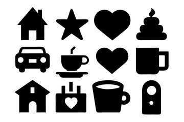 set of house icons, Christmas tree icons, white profile tree icons,  cup icon, car icon , coffee icon, cupe icon, vector silhouette illustration 