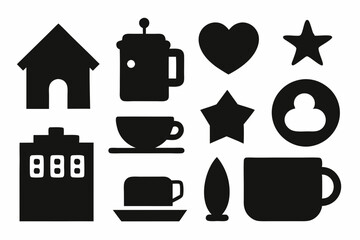 set of house icons, Christmas tree icons, white profile tree icons,  cup icon, car icon , coffee icon, cupe icon, vector silhouette illustration 