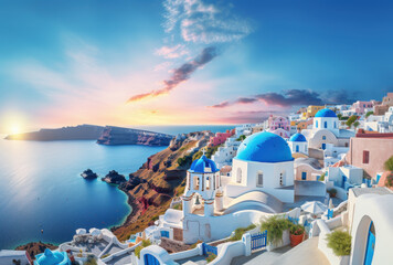 Obraz premium Stunning view of Santorini with blue domes, white buildings, and sunset over sea, creating serene and picturesque atmosphere