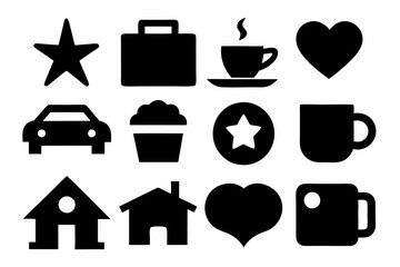 set of house icons, Christmas tree icons, white profile tree icons,  cup icon, car icon , coffee icon, cupe icon, vector silhouette illustration 