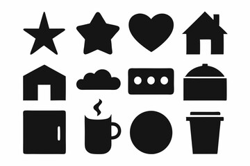 set of house icons, Christmas tree icons, white profile tree icons,  cup icon, car icon , coffee icon, cupe icon, vector silhouette illustration 