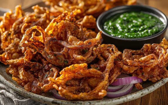 A close-up of freshly fried glowing pakoras served on a plate with green chutney and sliced onions. The crispy golden crust of the pakoras is highlighted in intricate detail 