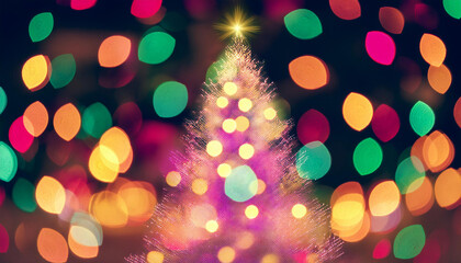 colorful pink yellow and green christmas tree bokeh background of de targeted glittering lights