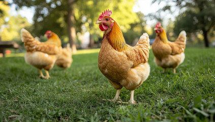 Fototapeta premium Cute chickens standing on fresh green grass in soft spring sunlight
